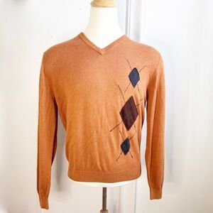 NEW Paradise Blue Argyle Silk Blend Sweater L Large Pullover Mens Cashmere Blend